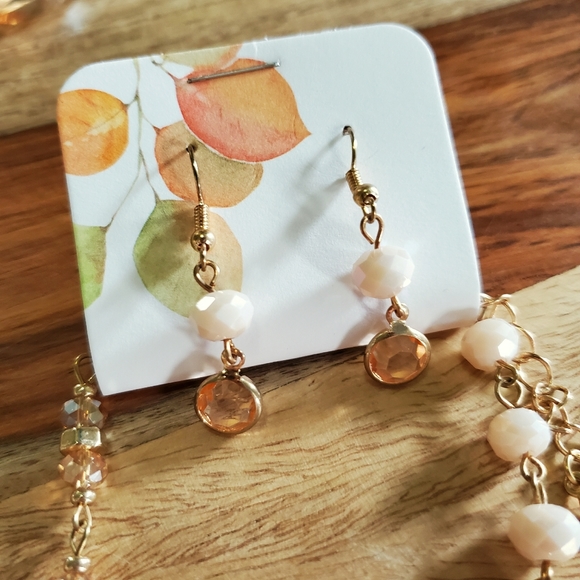 Long Beaded Necklace & Earring Set Natural Cream & Champagne Gold - Picture 3 of 8